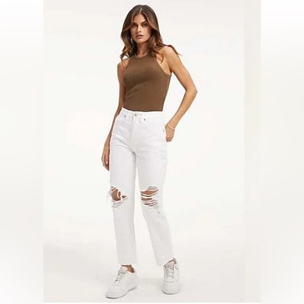 Free People We The Free Tapered Baggy Boyfriend Distressed White Jeans Sz 26 NEW